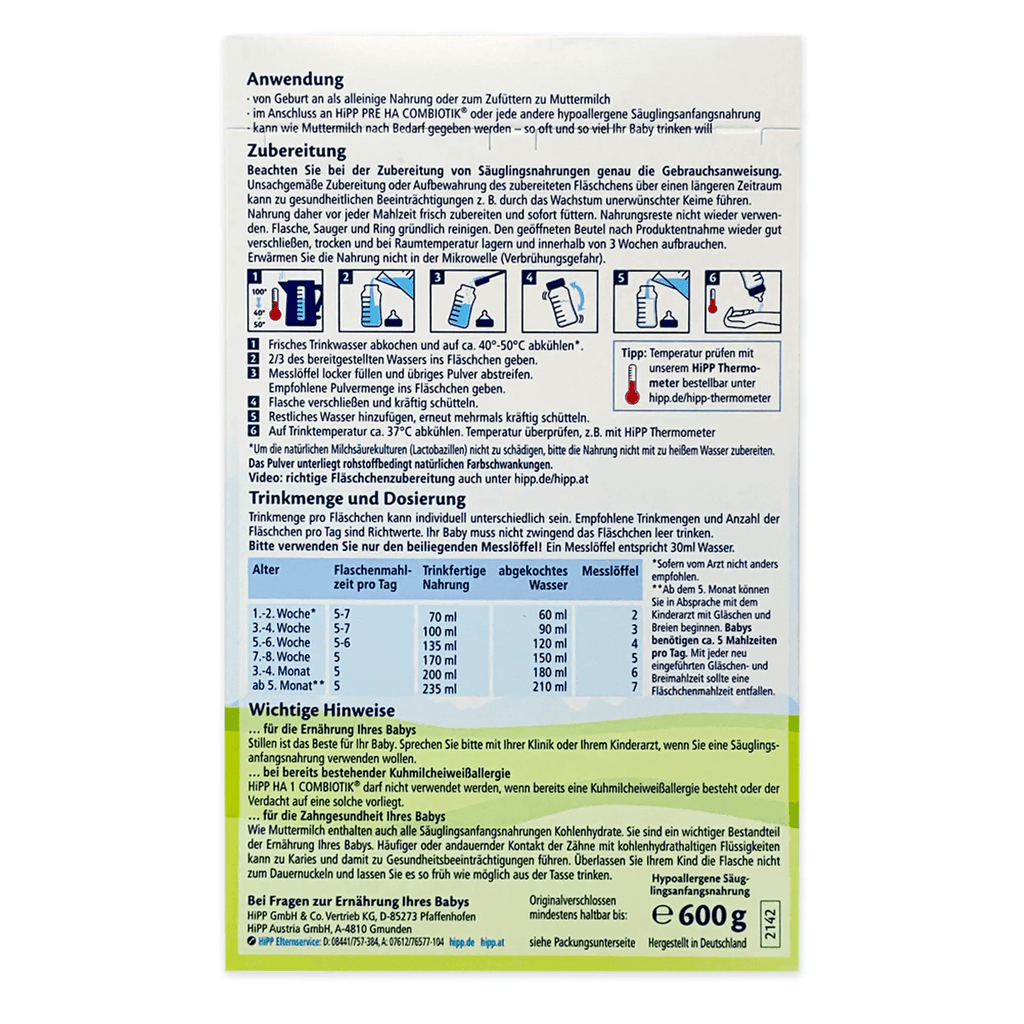 HiPP HA Germany Hypoallergenic Stage 1 Combiotik Infant Milk Formula 0-6 months •  600g - Emmbaby Canada