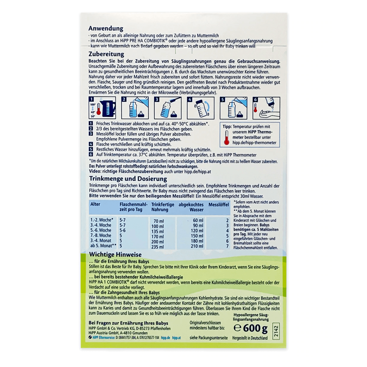 HiPP HA Germany Hypoallergenic Stage 1 Combiotik Infant Milk Formula 0-6 months •  600g - Emmbaby Canada